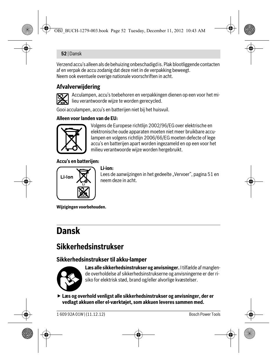 Dansk, Sikkerhedsinstrukser | Bosch GLI VariLED Professional User Manual | Page 52 / 181