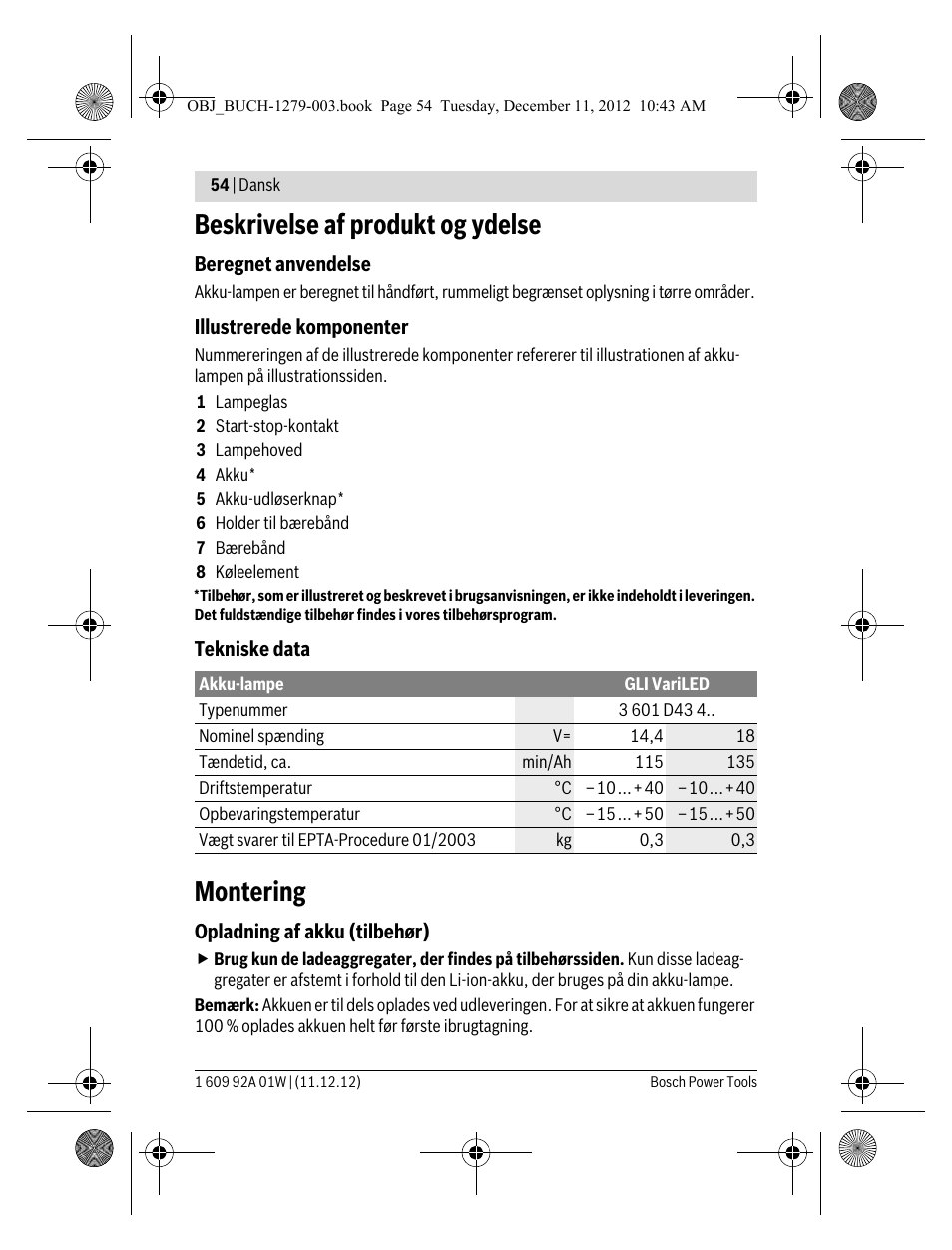 Beskrivelse af produkt og ydelse, Montering | Bosch GLI VariLED Professional User Manual | Page 54 / 181