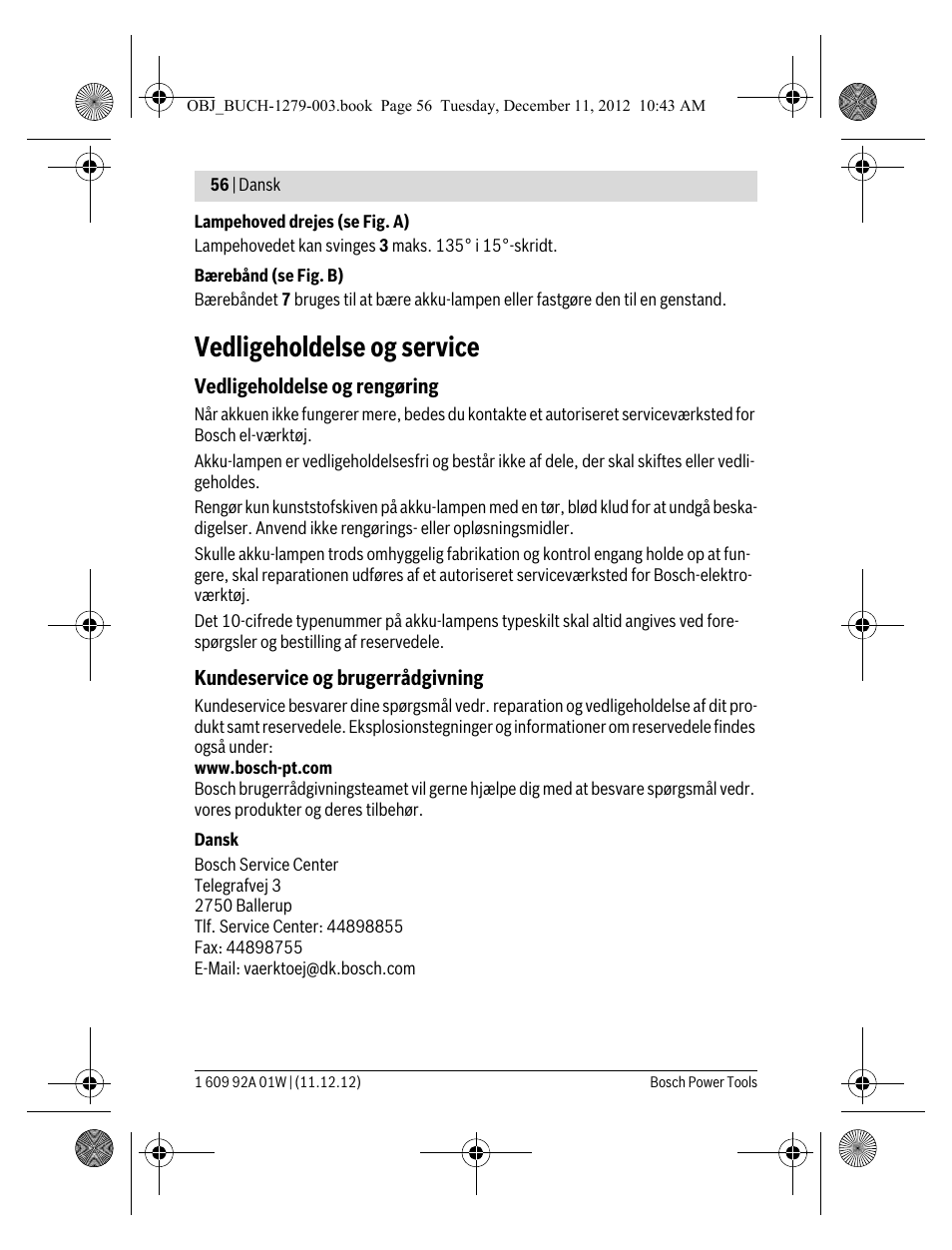 Vedligeholdelse og service | Bosch GLI VariLED Professional User Manual | Page 56 / 181