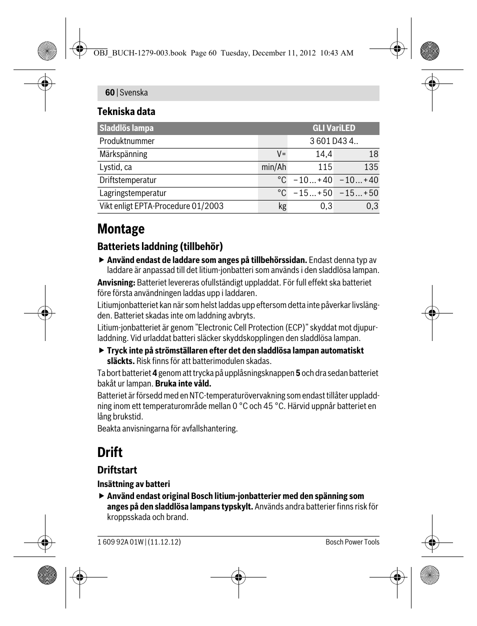 Montage, Drift | Bosch GLI VariLED Professional User Manual | Page 60 / 181