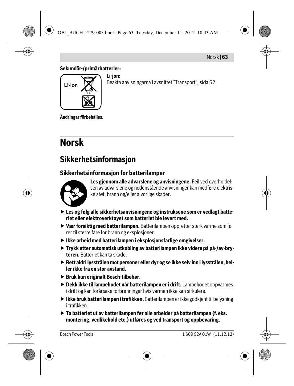 Norsk, Sikkerhetsinformasjon | Bosch GLI VariLED Professional User Manual | Page 63 / 181