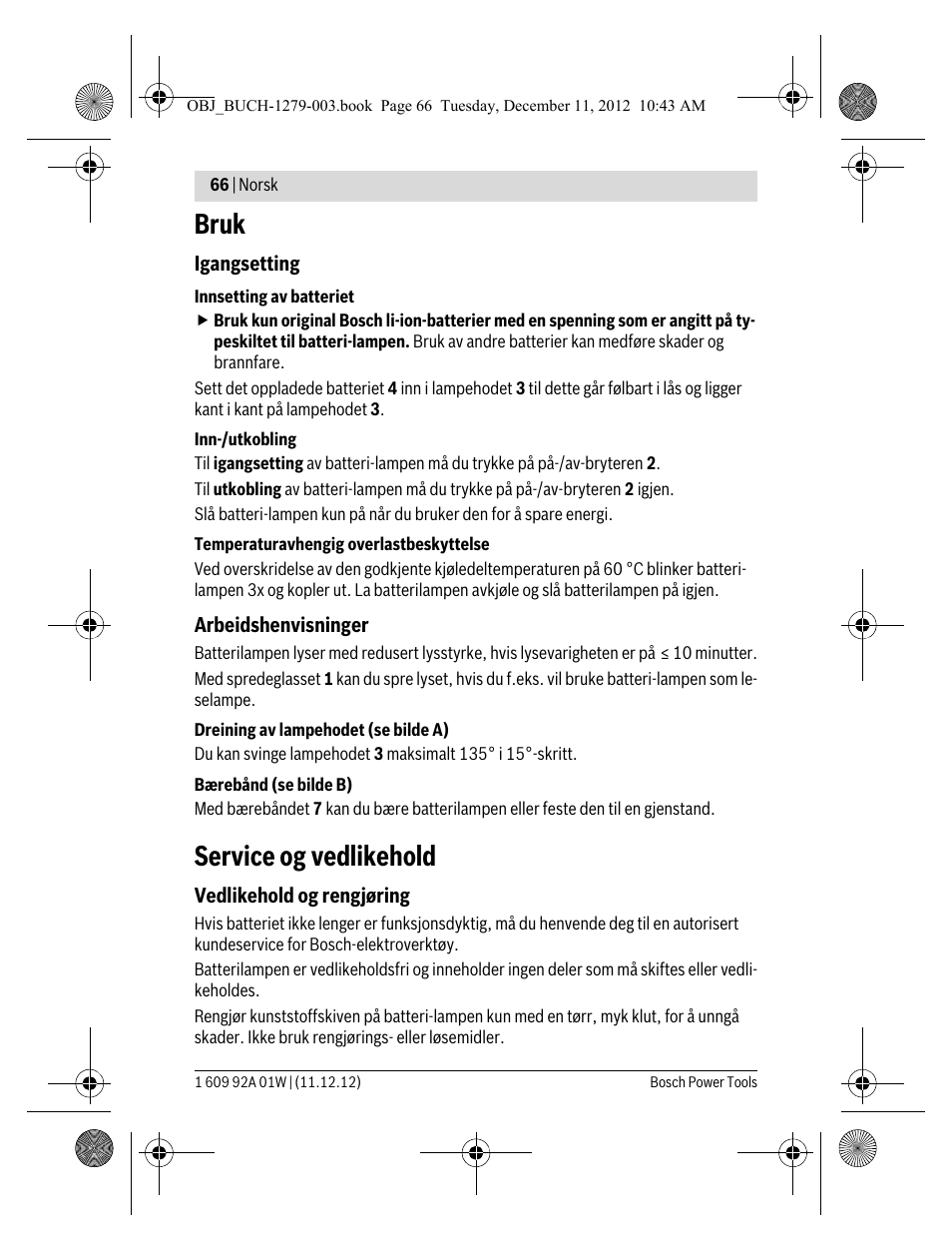 Bruk, Service og vedlikehold | Bosch GLI VariLED Professional User Manual | Page 66 / 181