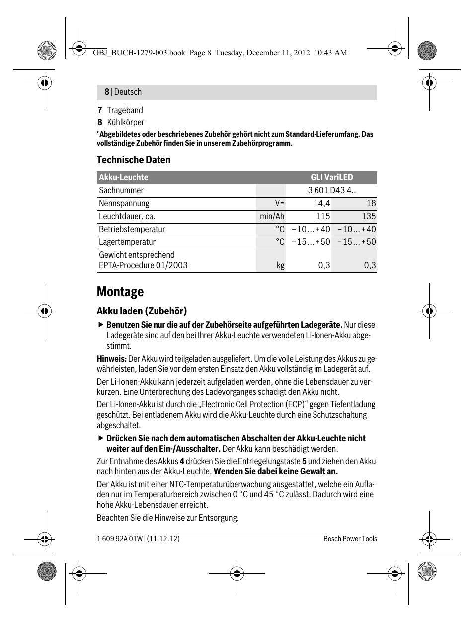 Montage | Bosch GLI VariLED Professional User Manual | Page 8 / 181