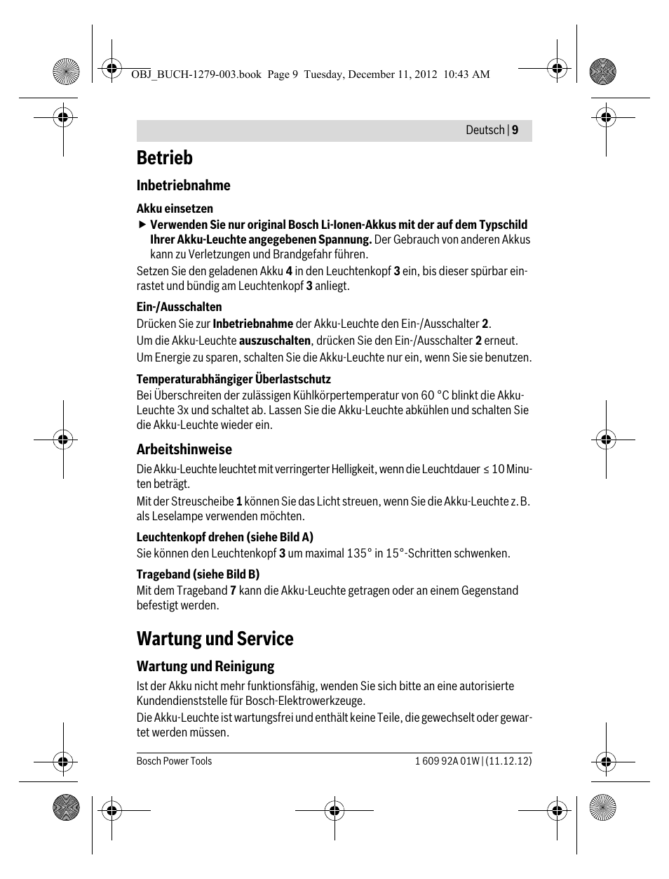 Betrieb, Wartung und service | Bosch GLI VariLED Professional User Manual | Page 9 / 181