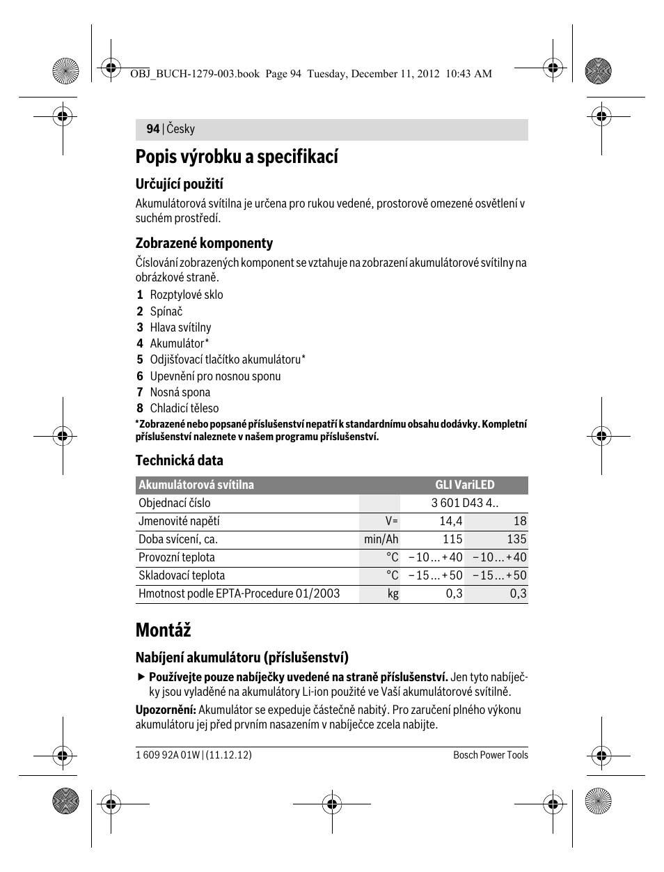 Popis výrobku a specifikací, Montáž | Bosch GLI VariLED Professional User Manual | Page 94 / 181