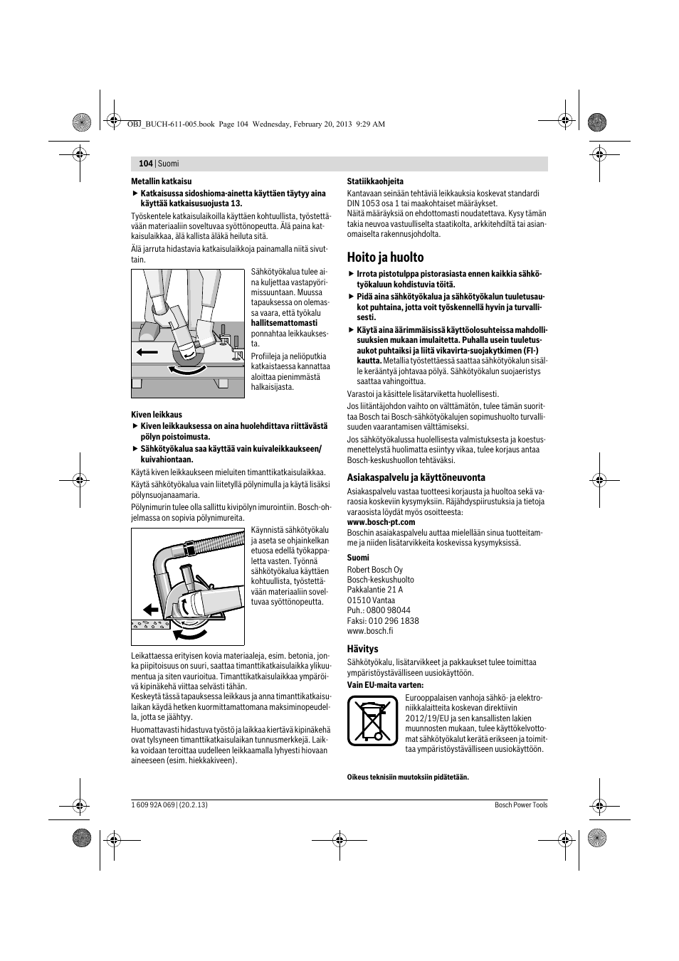 Hoito ja huolto | Bosch GWS 14-125 Inox Professional User Manual | Page 103 / 270