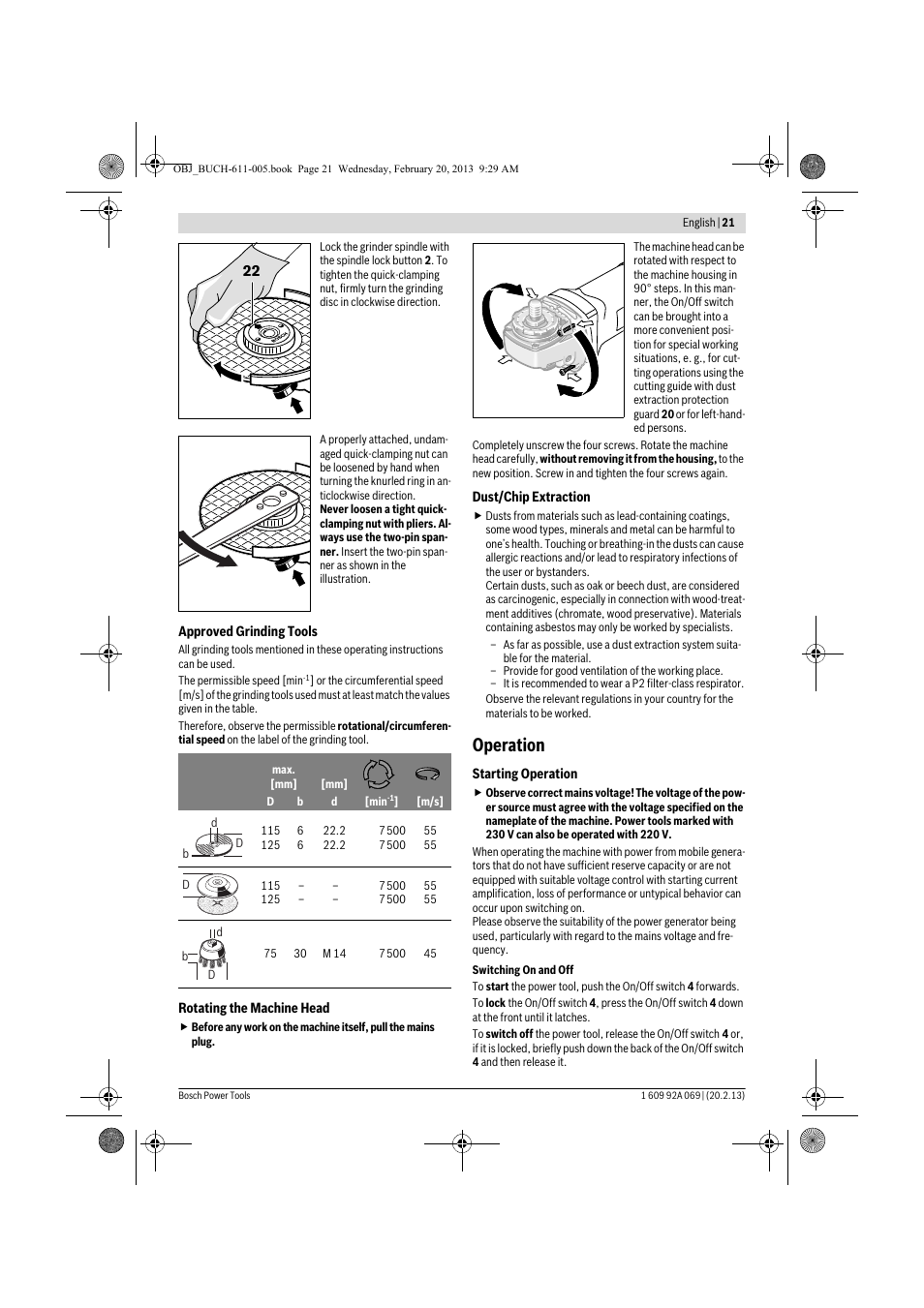 Operation | Bosch GWS 14-125 Inox Professional User Manual | Page 20 / 270