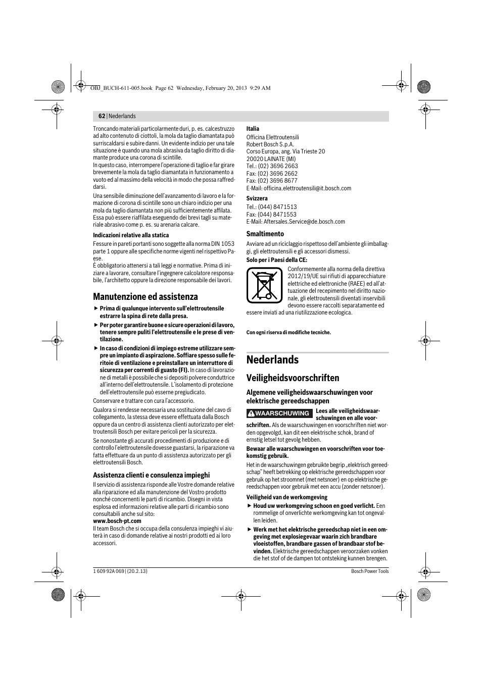 Nederlands, Manutenzione ed assistenza, Veiligheidsvoorschriften | Bosch GWS 14-125 Inox Professional User Manual | Page 61 / 270