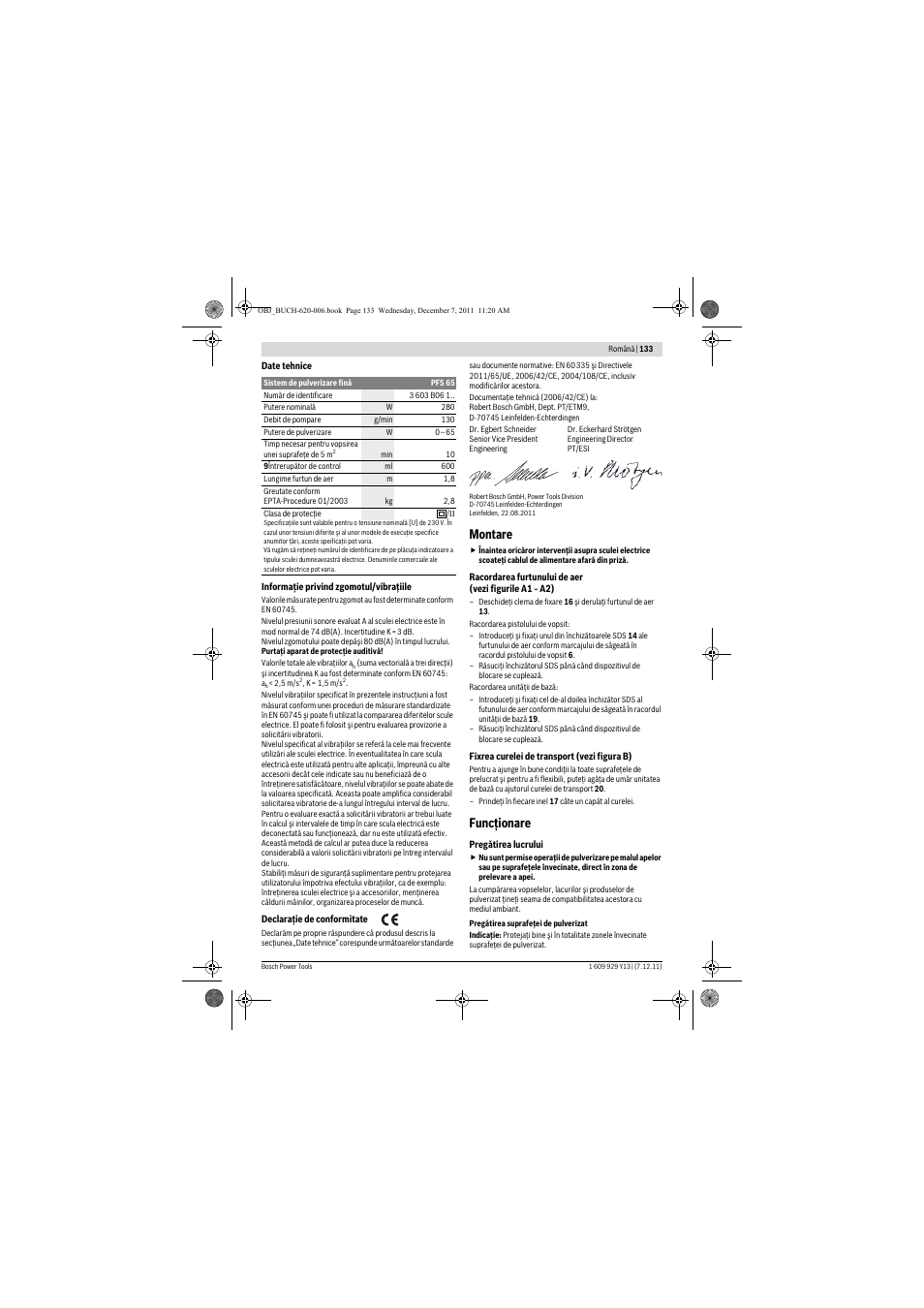 Montare, Funcţionare | Bosch PFS 65 User Manual | Page 133 / 181