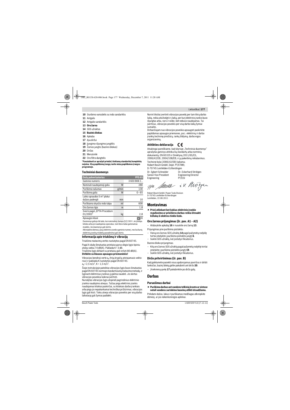 Montavimas, Darbas | Bosch PFS 65 User Manual | Page 177 / 181