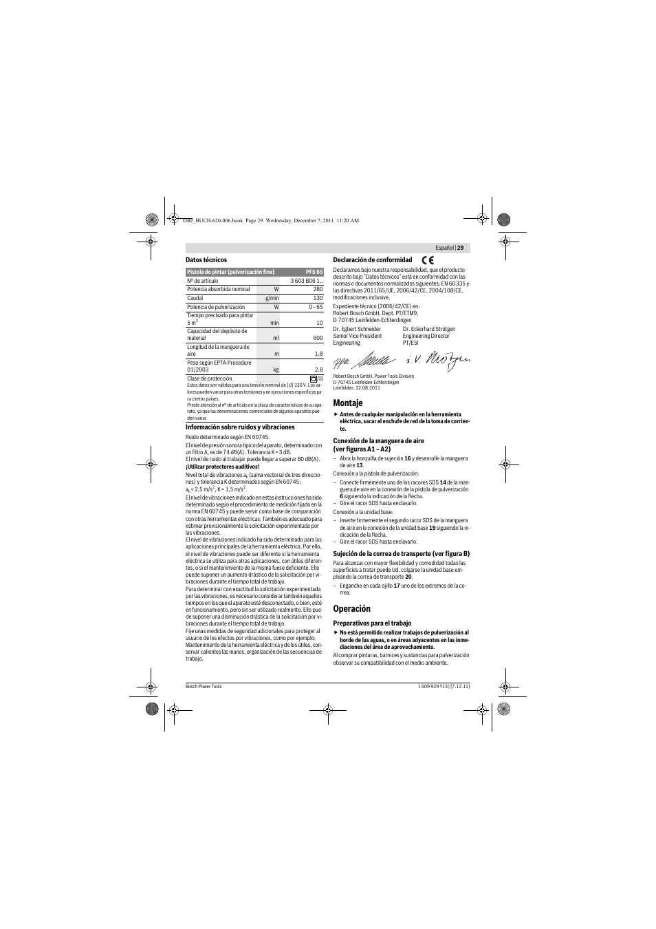 Montaje, Operación | Bosch PFS 65 User Manual | Page 29 / 181