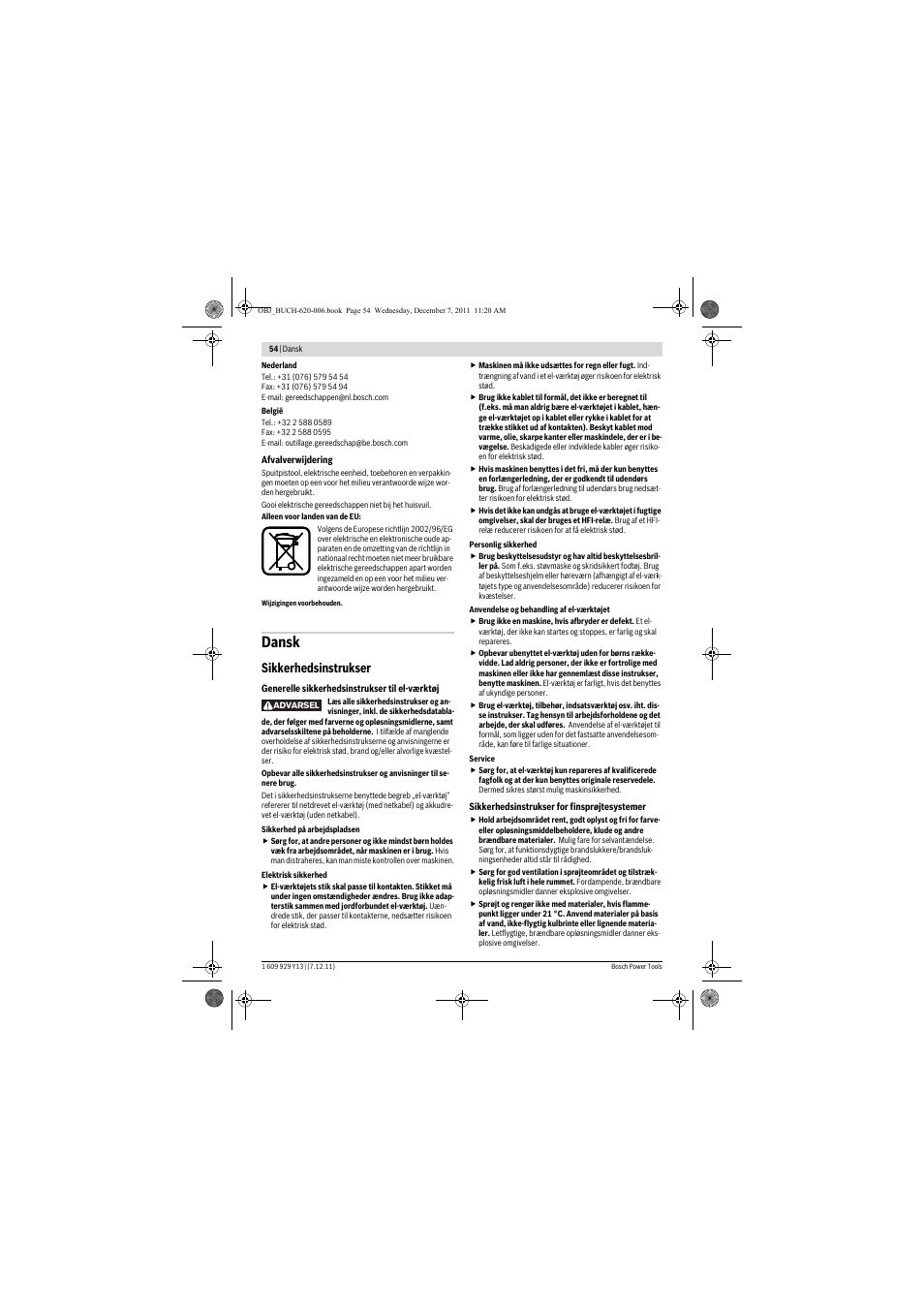 Dansk, Sikkerhedsinstrukser | Bosch PFS 65 User Manual | Page 54 / 181