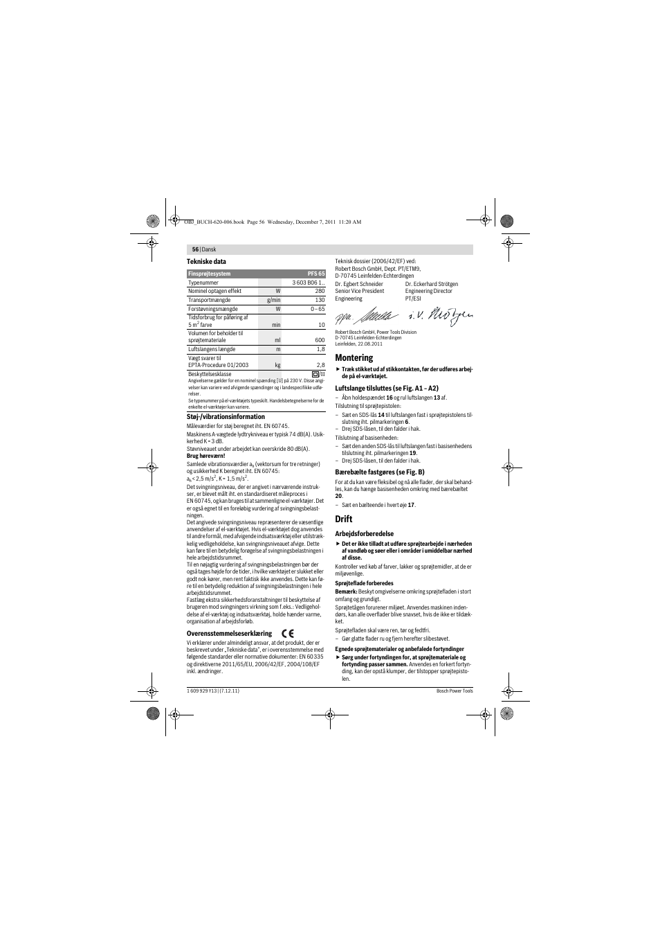 Montering, Drift | Bosch PFS 65 User Manual | Page 56 / 181