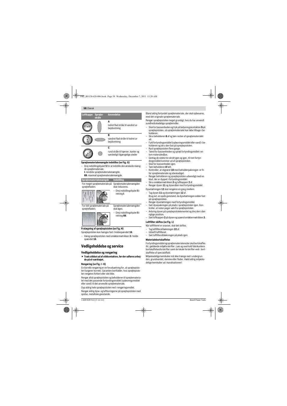 Vedligeholdelse og service | Bosch PFS 65 User Manual | Page 58 / 181