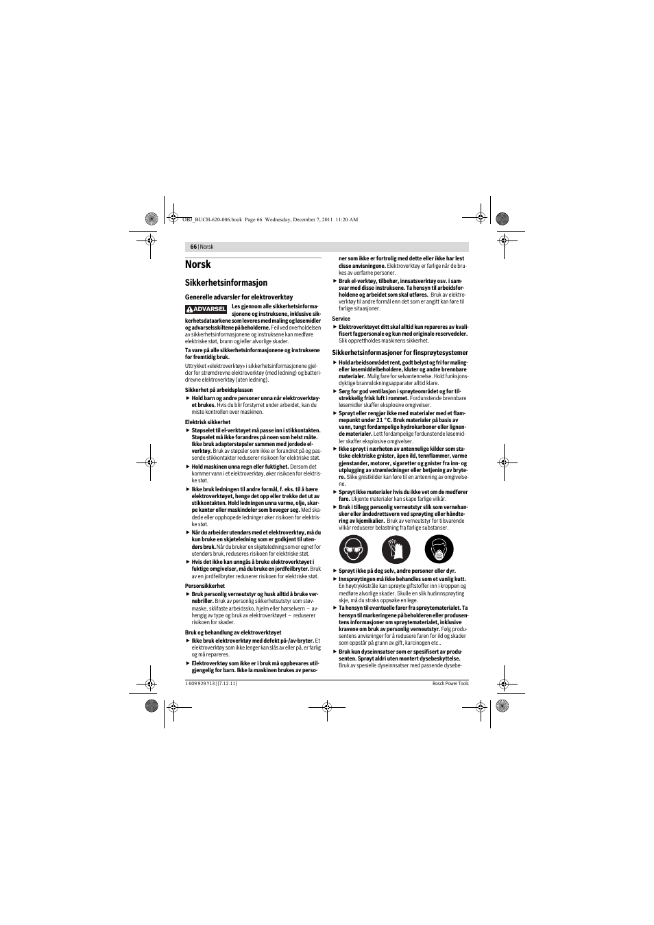 Norsk, Sikkerhetsinformasjon | Bosch PFS 65 User Manual | Page 66 / 181