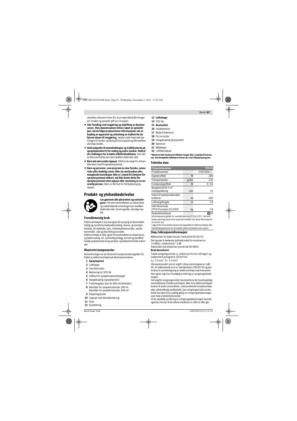 Produkt- og ytelsesbeskrivelse | Bosch PFS 65 User Manual | Page 67 / 181