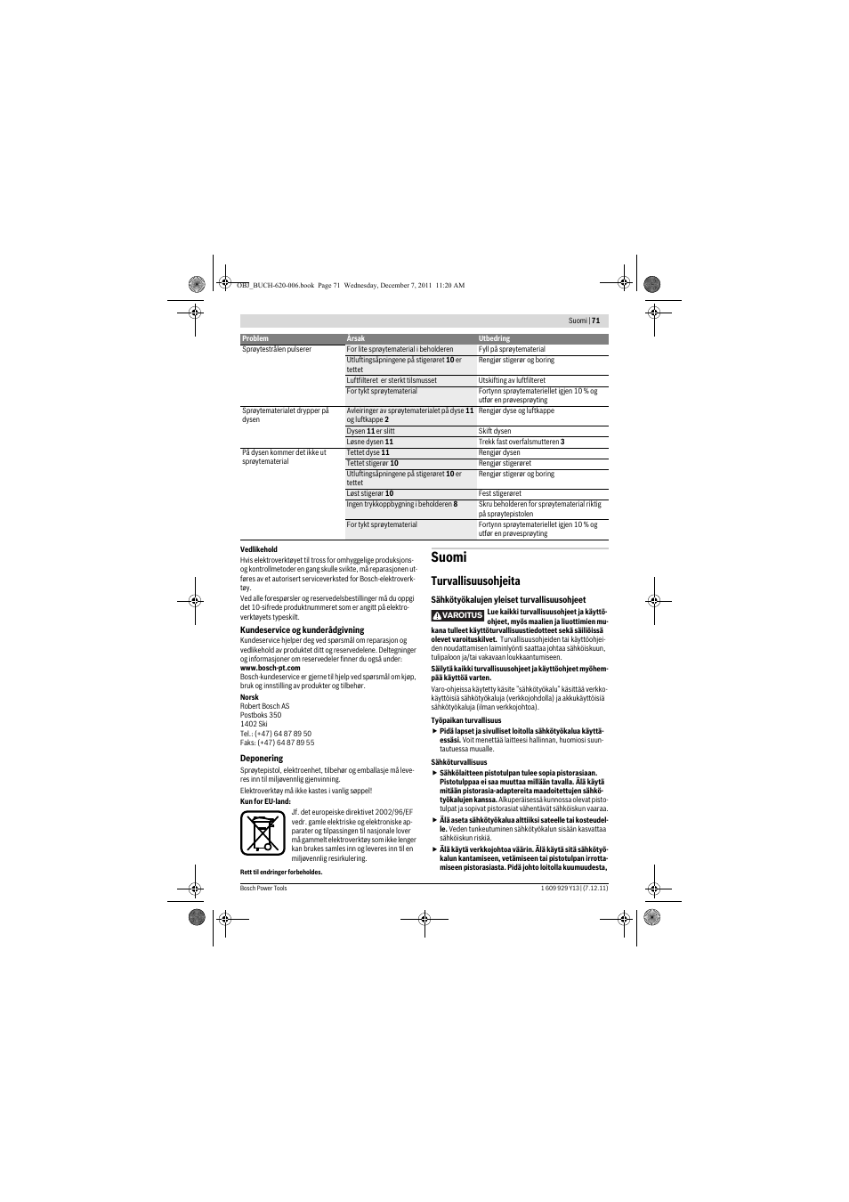 Suomi, Turvallisuusohjeita | Bosch PFS 65 User Manual | Page 71 / 181