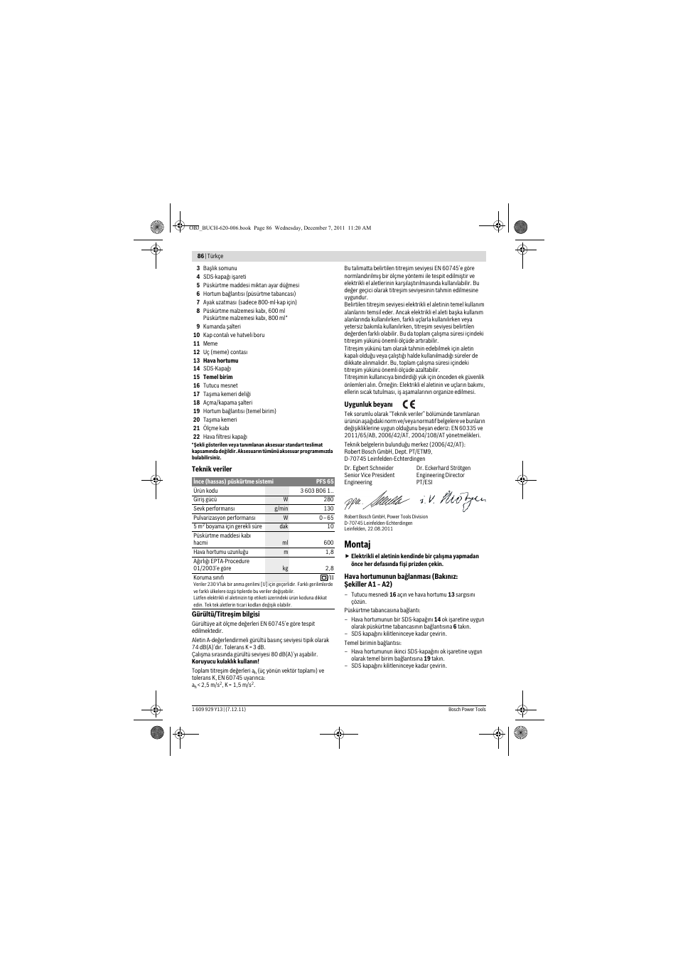 Montaj | Bosch PFS 65 User Manual | Page 86 / 181