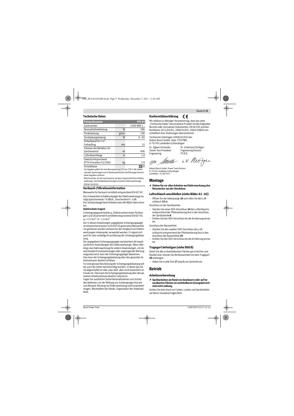 Montage, Betrieb | Bosch PFS 65 User Manual | Page 9 / 181