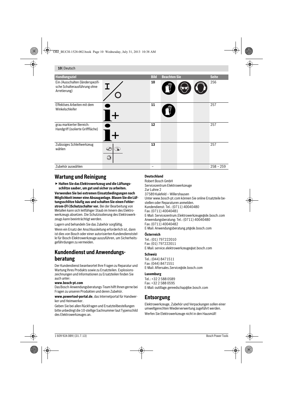 Wartung und reinigung, Kundendienst und anwendungs- beratung, Entsorgung | Bosch GWS 24-230 LVI Professional User Manual | Page 10 / 259