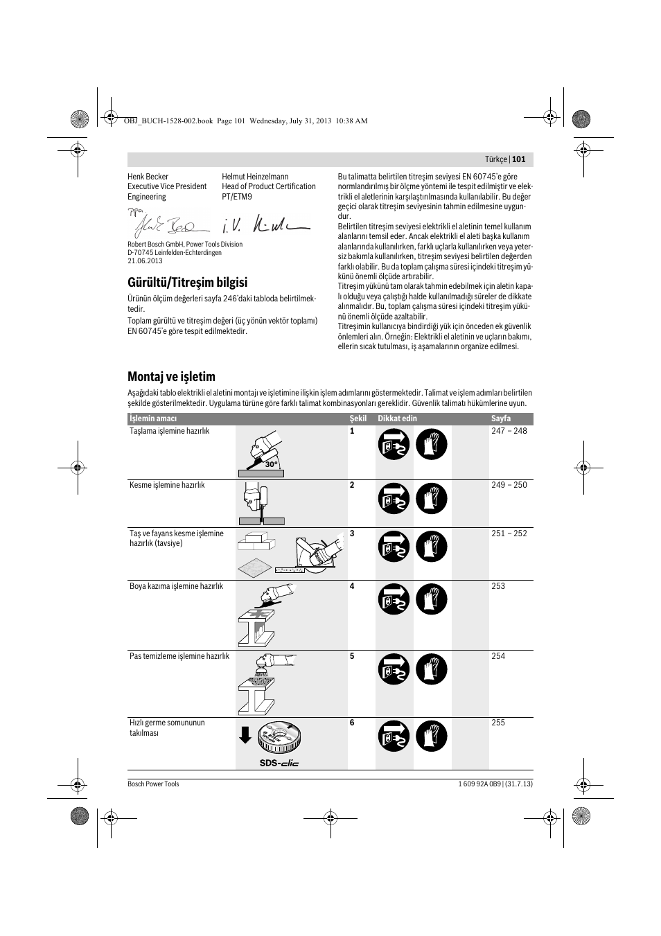 Gürültü/titreşim bilgisi, Montaj ve işletim | Bosch GWS 24-230 LVI Professional User Manual | Page 101 / 259