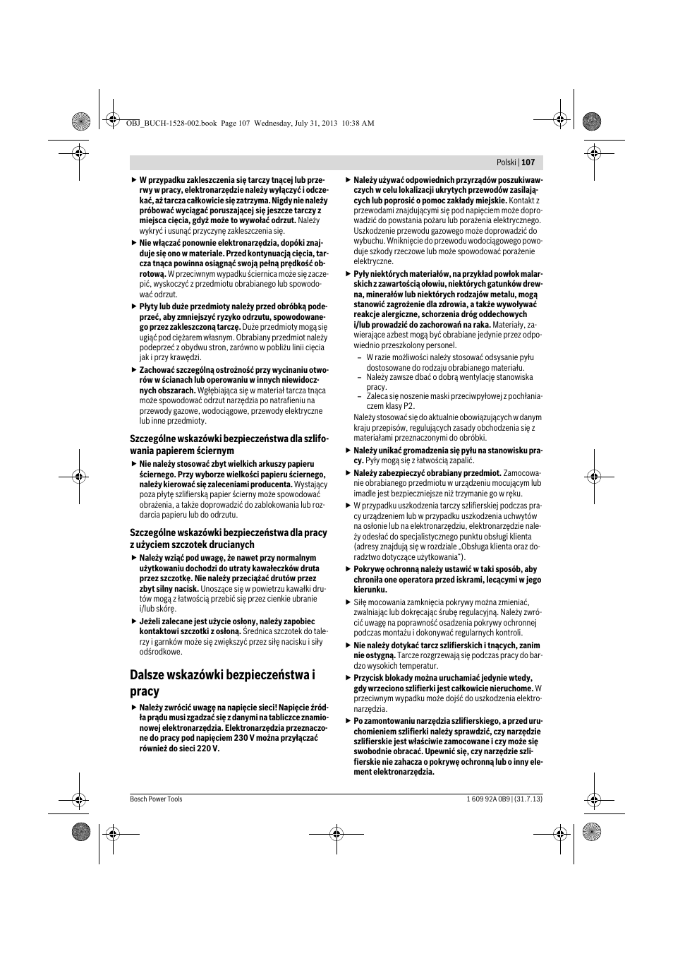 Dalsze wskazówki bezpieczeństwa i pracy | Bosch GWS 24-230 LVI Professional User Manual | Page 107 / 259