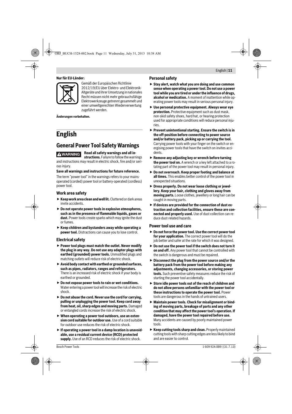 English, General power tool safety warnings | Bosch GWS 24-230 LVI Professional User Manual | Page 11 / 259