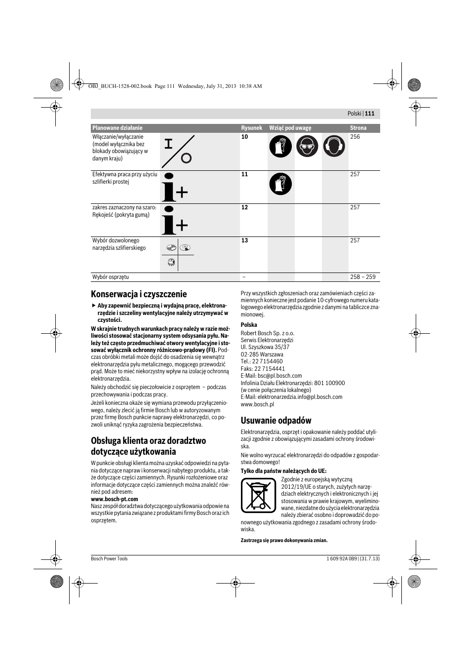 Konserwacja i czyszczenie, Usuwanie odpadów | Bosch GWS 24-230 LVI Professional User Manual | Page 111 / 259