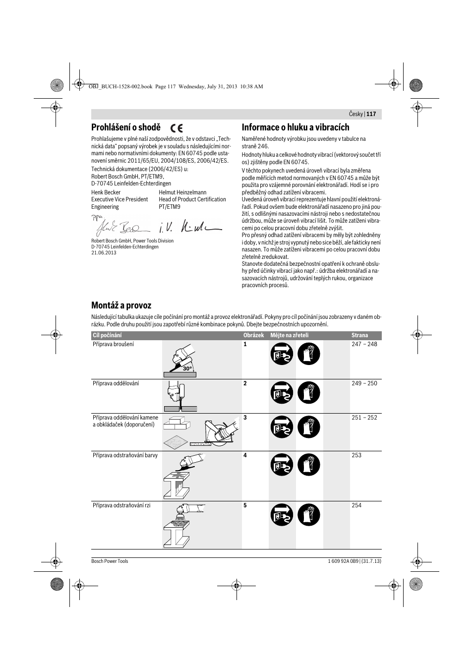 Prohlášení o shodě, Informace o hluku a vibracích, Montáž a provoz | Bosch GWS 24-230 LVI Professional User Manual | Page 117 / 259