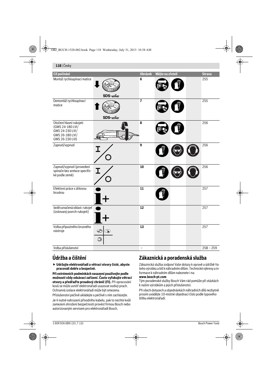 Údržba a čištění, Zákaznická a poradenská služba | Bosch GWS 24-230 LVI Professional User Manual | Page 118 / 259