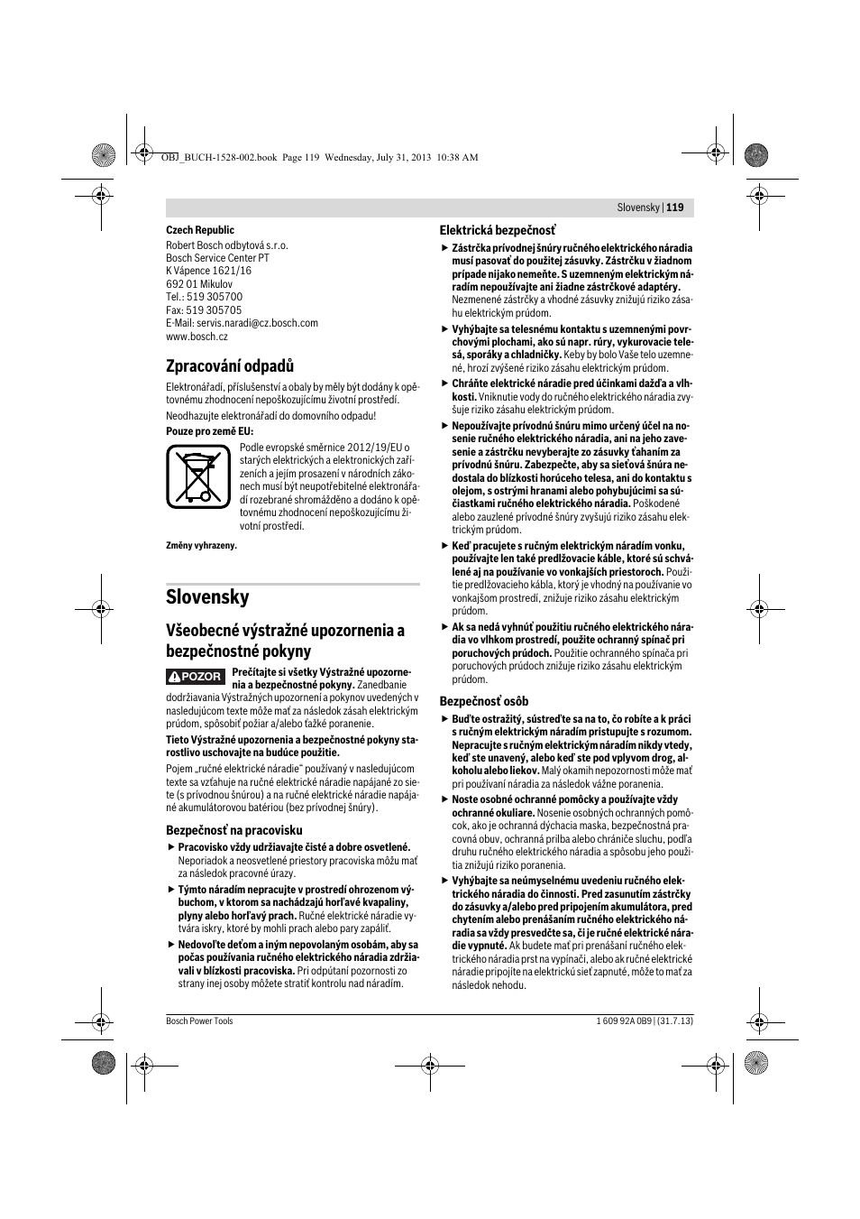 Slovensky, Zpracování odpadů | Bosch GWS 24-230 LVI Professional User Manual | Page 119 / 259