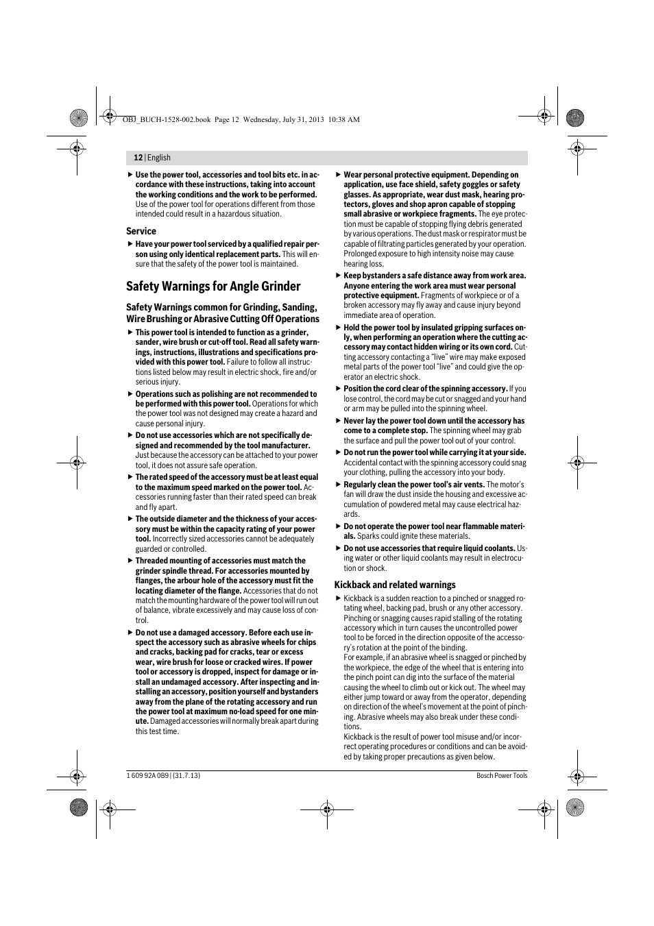 Safety warnings for angle grinder | Bosch GWS 24-230 LVI Professional User Manual | Page 12 / 259