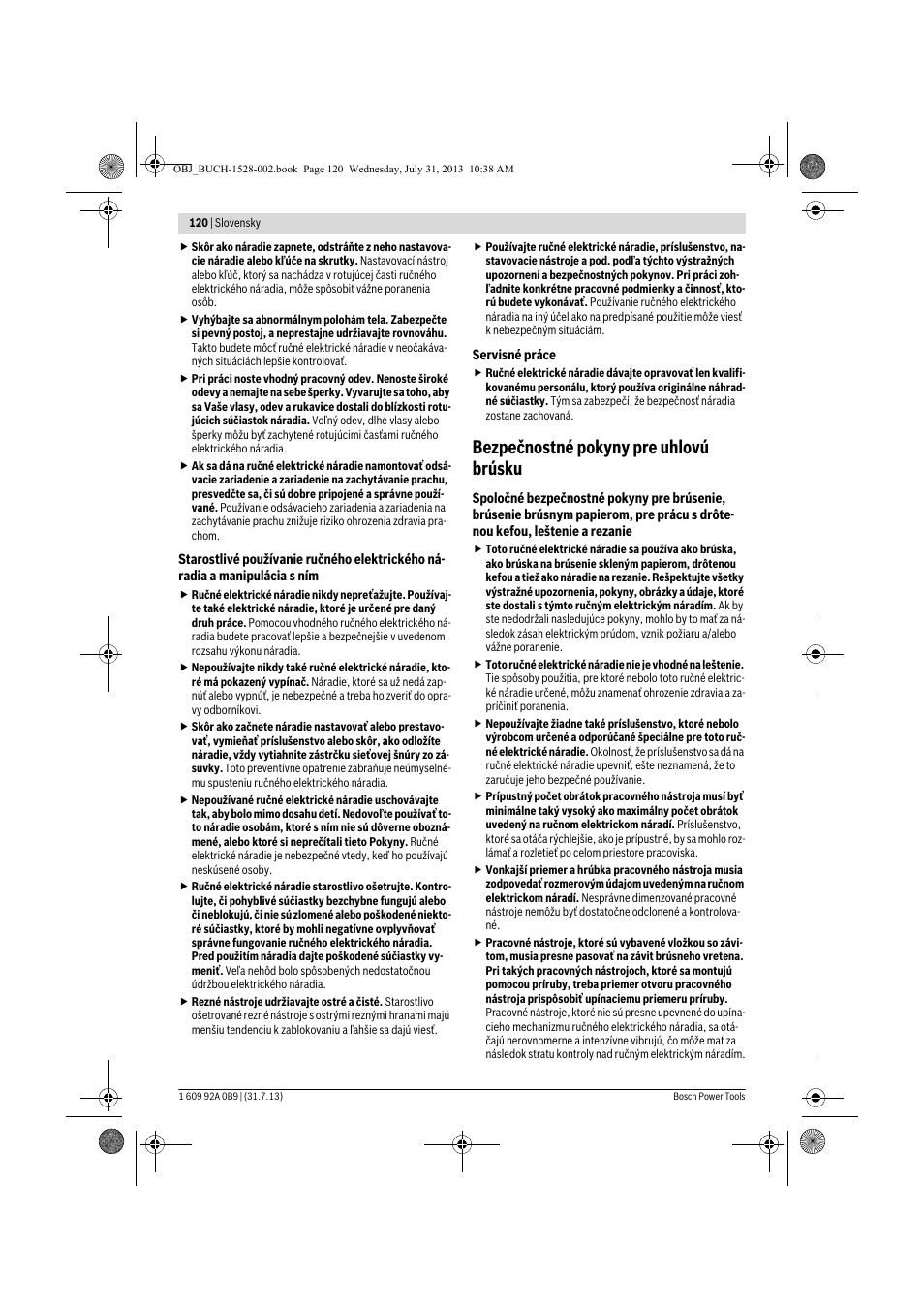 Bezpečnostné pokyny pre uhlovú brúsku | Bosch GWS 24-230 LVI Professional User Manual | Page 120 / 259