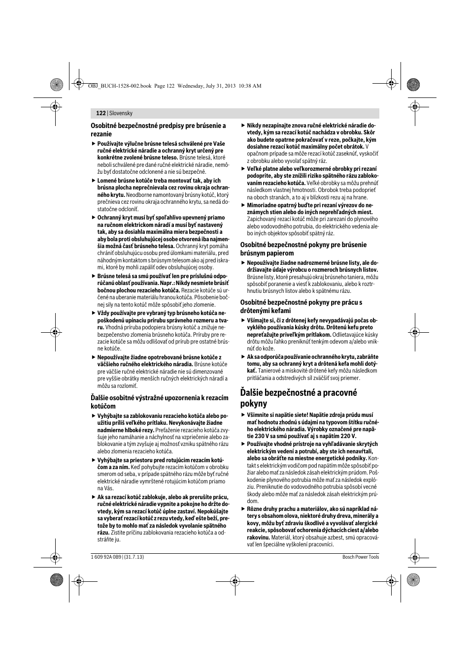 Ďalšie bezpečnostné a pracovné pokyny | Bosch GWS 24-230 LVI Professional User Manual | Page 122 / 259