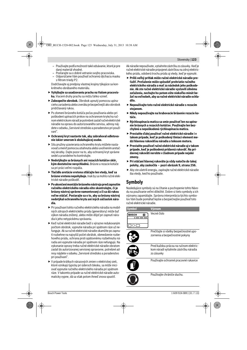 Symboly | Bosch GWS 24-230 LVI Professional User Manual | Page 123 / 259