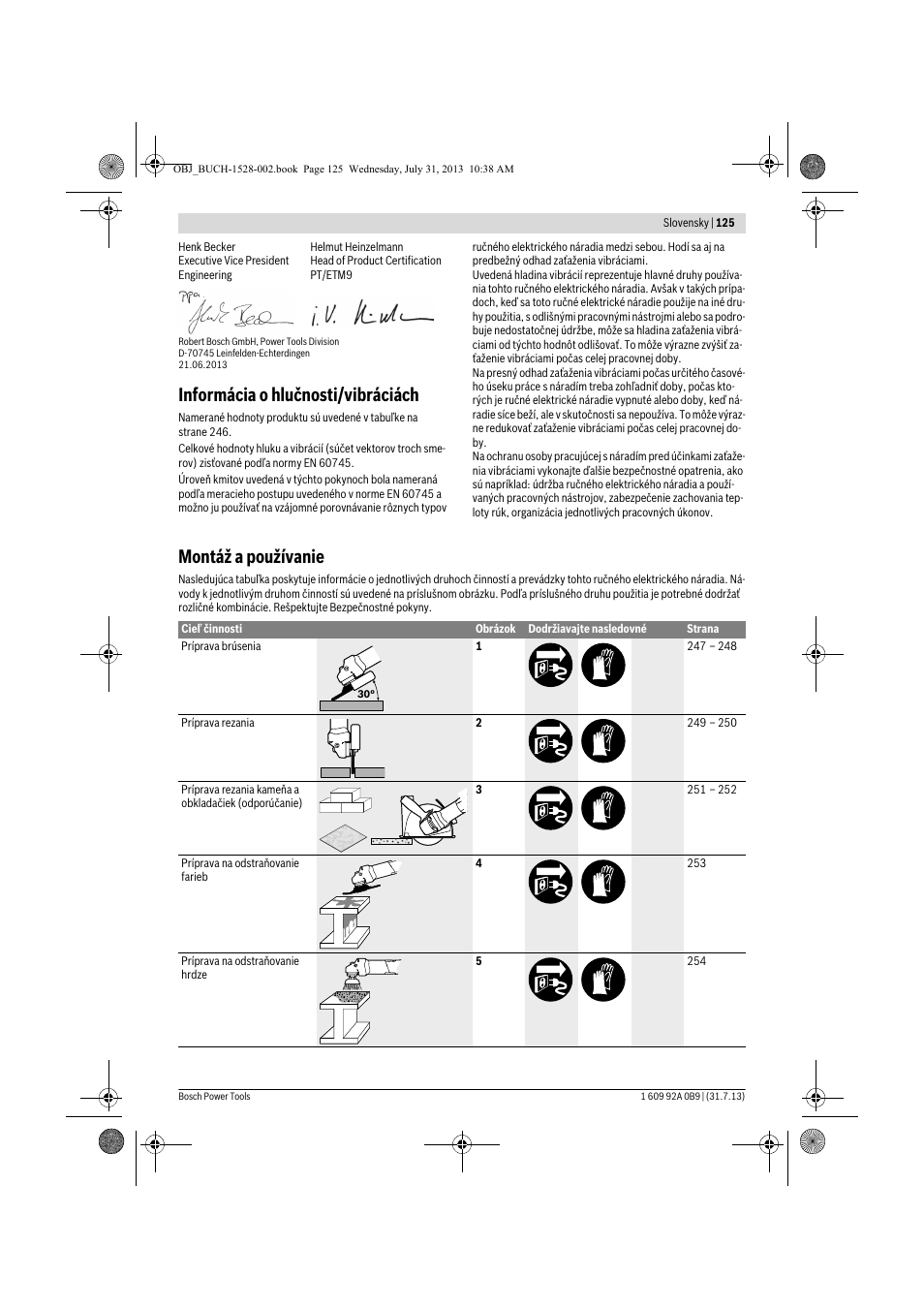 Informácia o hlučnosti/vibráciách, Montáž a používanie | Bosch GWS 24-230 LVI Professional User Manual | Page 125 / 259