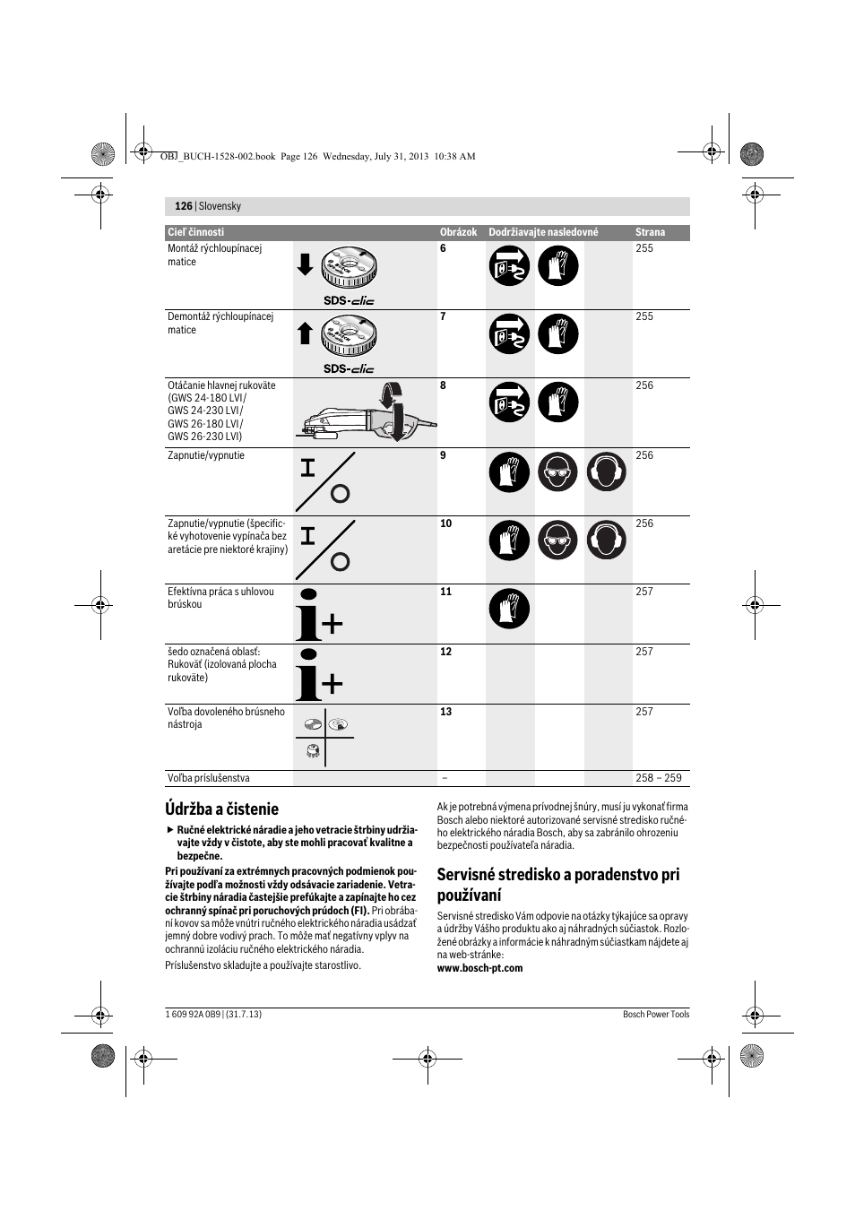 Údržba a čistenie, Servisné stredisko a poradenstvo pri používaní | Bosch GWS 24-230 LVI Professional User Manual | Page 126 / 259