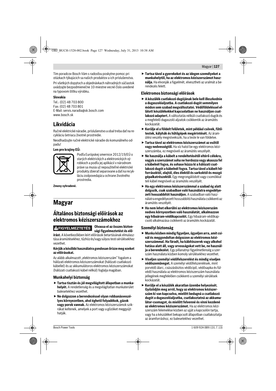 Magyar, Likvidácia | Bosch GWS 24-230 LVI Professional User Manual | Page 127 / 259