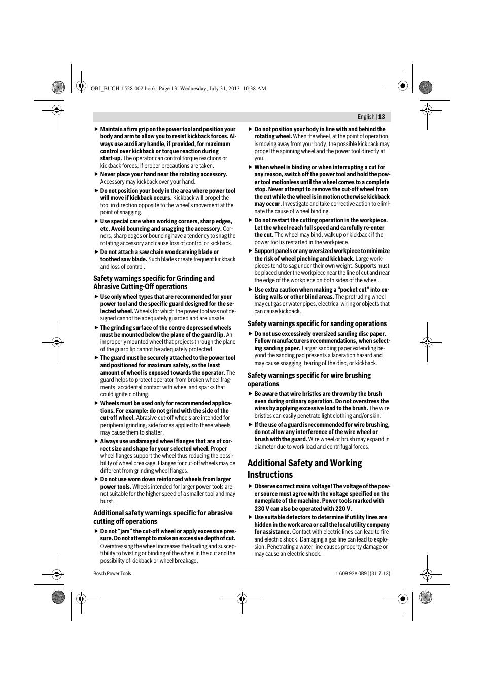 Additional safety and working instructions | Bosch GWS 24-230 LVI Professional User Manual | Page 13 / 259