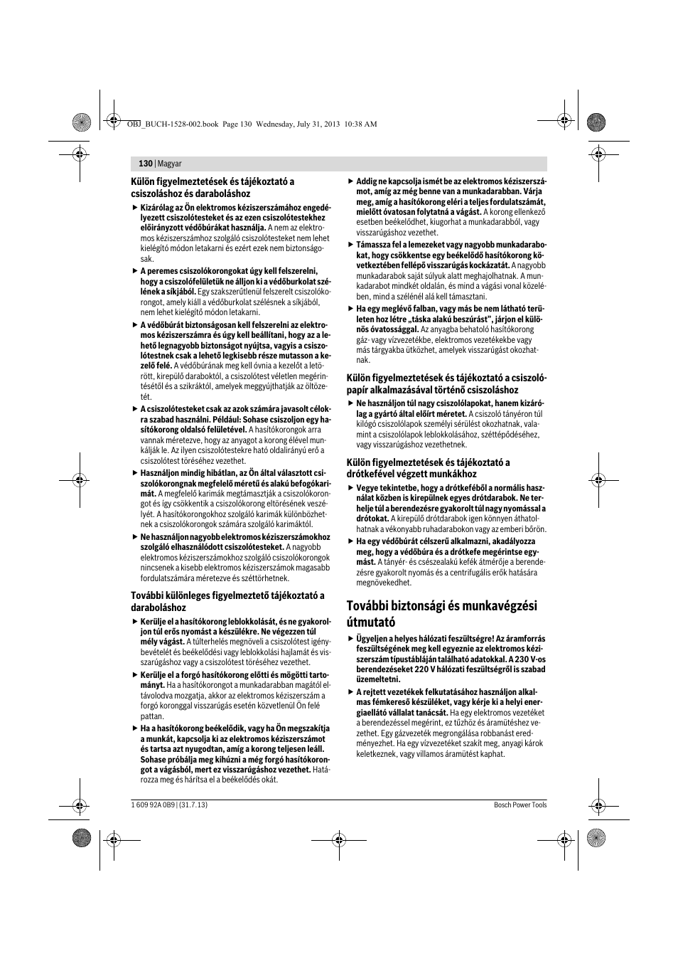 További biztonsági és munkavégzési útmutató | Bosch GWS 24-230 LVI Professional User Manual | Page 130 / 259