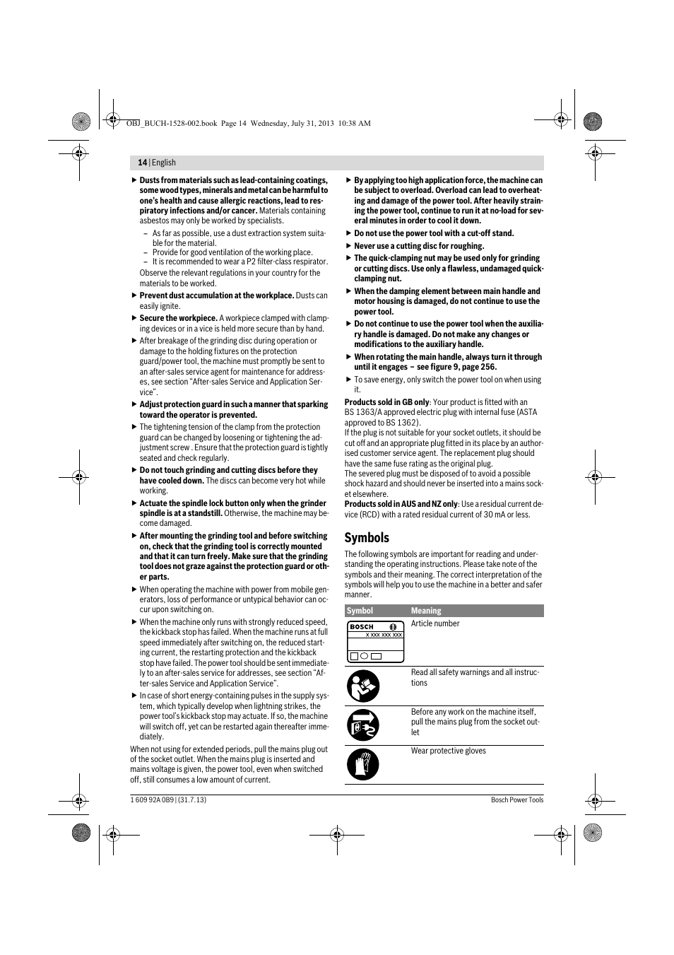 Symbols | Bosch GWS 24-230 LVI Professional User Manual | Page 14 / 259