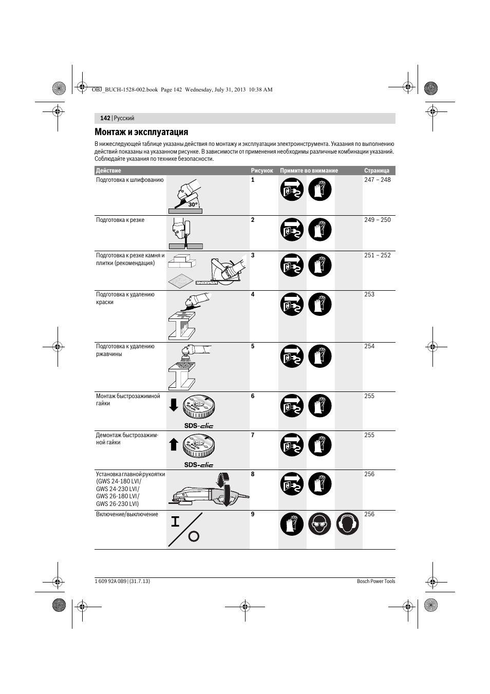 Монтаж и эксплуатация | Bosch GWS 24-230 LVI Professional User Manual | Page 142 / 259