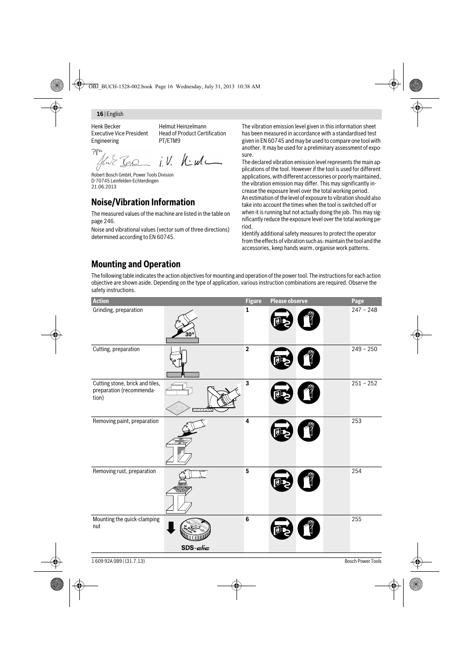 Noise/vibration information, Mounting and operation | Bosch GWS 24-230 LVI Professional User Manual | Page 16 / 259