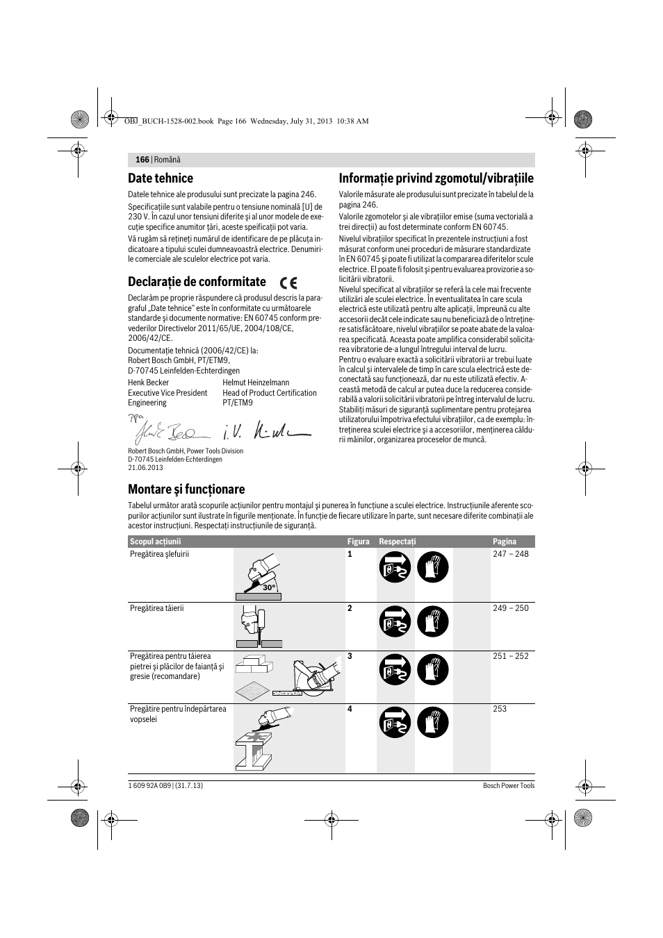 Date tehnice, Declaraţie de conformitate, Informaţie privind zgomotul/vibraţiile | Montare şi funcţionare | Bosch GWS 24-230 LVI Professional User Manual | Page 166 / 259