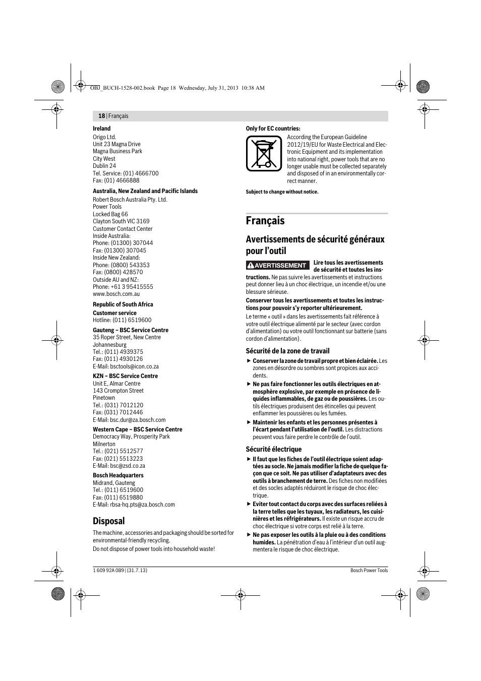 Français, Disposal, Avertissements de sécurité généraux pour l’outil | Bosch GWS 24-230 LVI Professional User Manual | Page 18 / 259