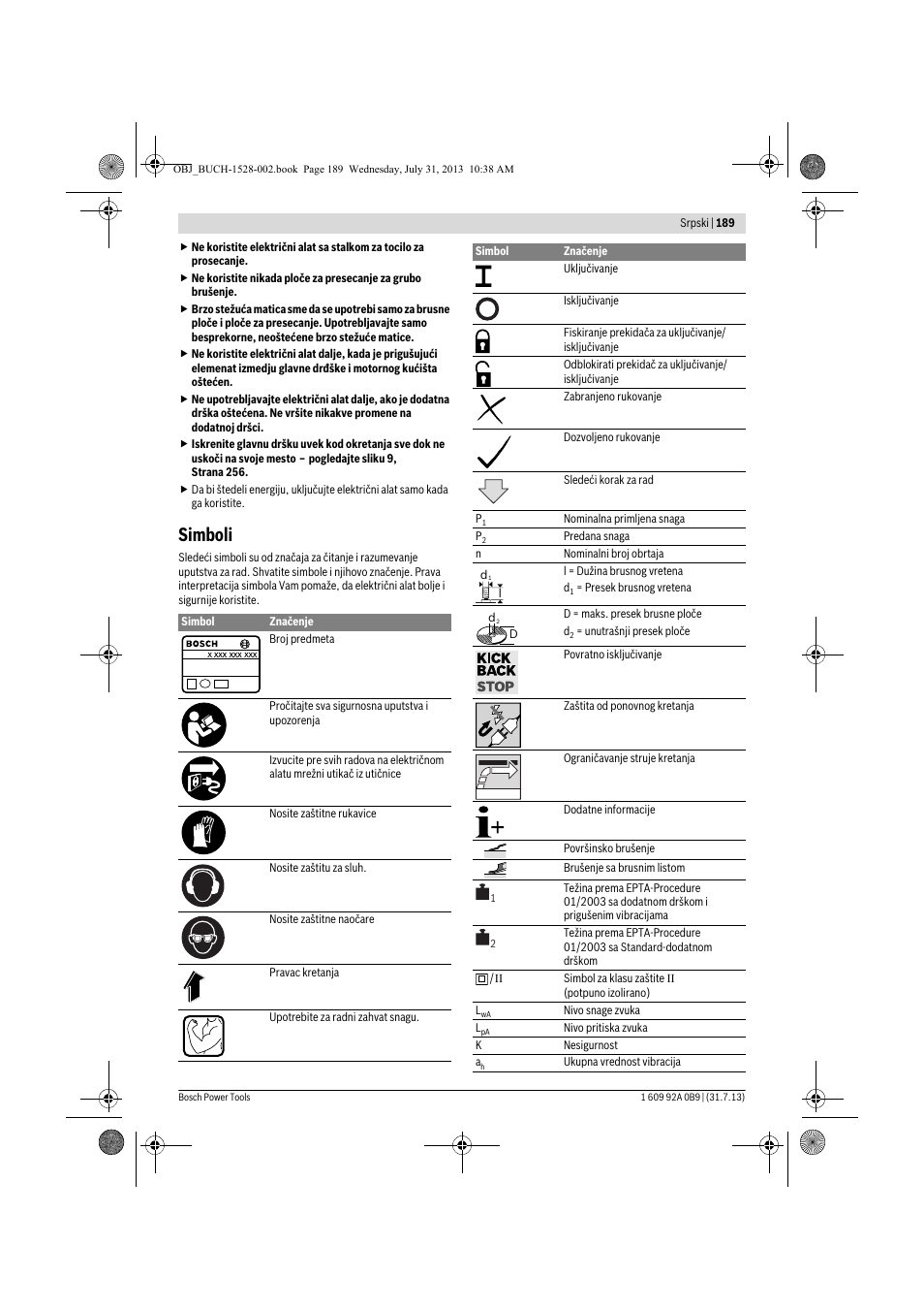 Simboli | Bosch GWS 24-230 LVI Professional User Manual | Page 189 / 259