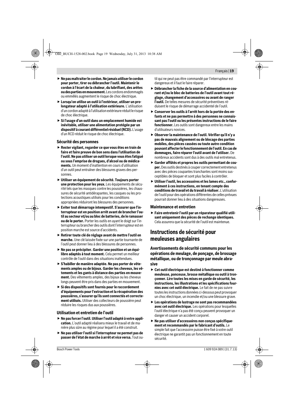 Instructions de sécurité pour meuleuses angulaires | Bosch GWS 24-230 LVI Professional User Manual | Page 19 / 259