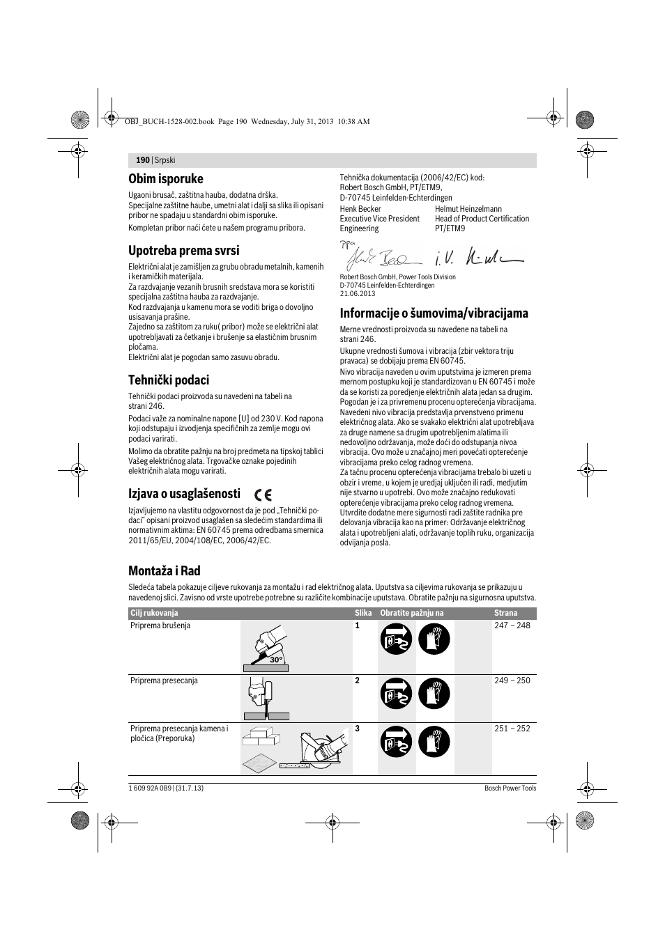 Obim isporuke, Upotreba prema svrsi, Tehnički podaci | Izjava o usaglašenosti, Informacije o šumovima/vibracijama, Montaža i rad | Bosch GWS 24-230 LVI Professional User Manual | Page 190 / 259