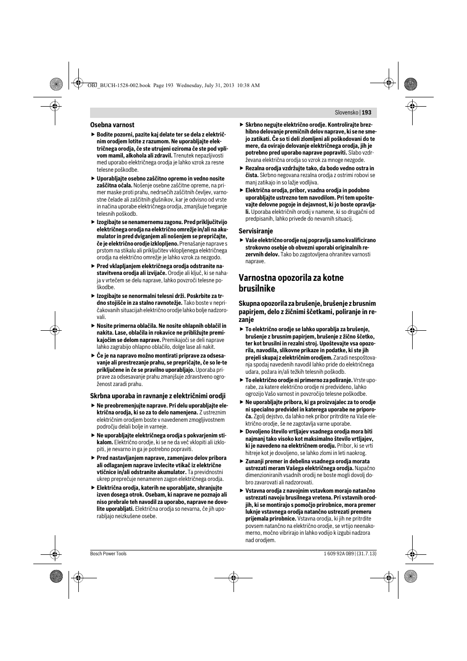 Varnostna opozorila za kotne brusilnike | Bosch GWS 24-230 LVI Professional User Manual | Page 193 / 259
