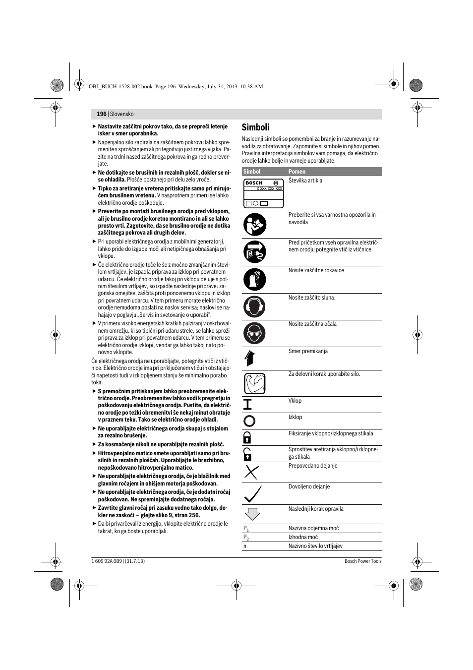 Simboli | Bosch GWS 24-230 LVI Professional User Manual | Page 196 / 259